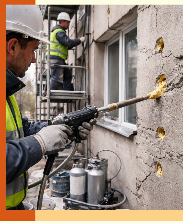 Заполнение пустот в фасаде и утепление стен в Нефтеюганске